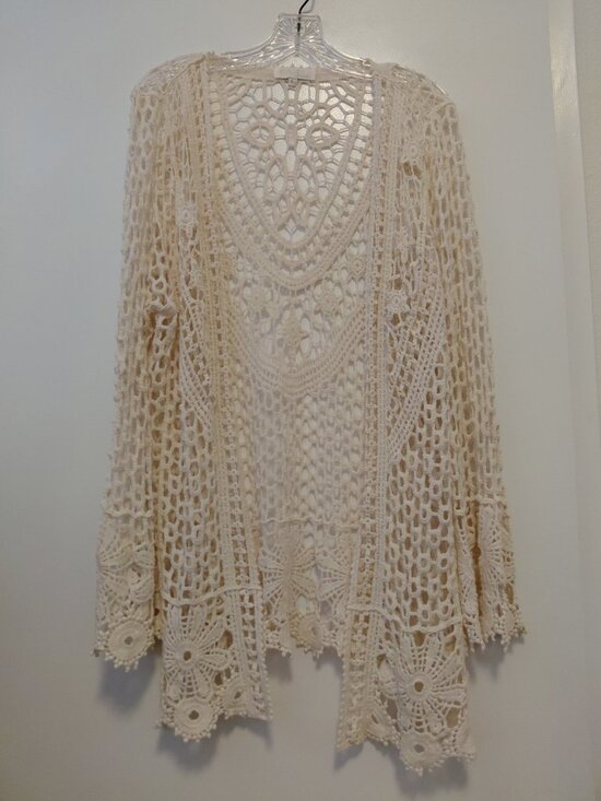 Rebellion Again Sweaters - Rebellion Again Crochet Knit Open Front Cardigan Boho Beach Festival Ivory Large